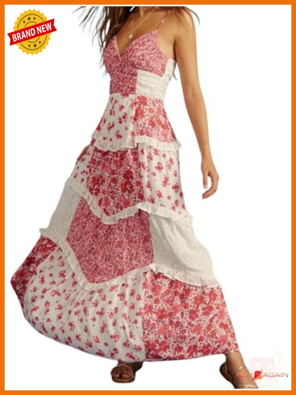 Lace Patchwork Floral Maxi Dress Spaghetti Strap Backless Tiered Boho